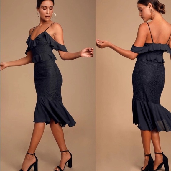 Lulu's Elegant Black Midi Dress with Ruffles - Picture 3 of 8